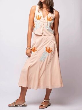 Ciebon Peach Skirt and Top Set with Rose Embroidery